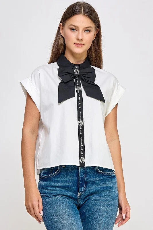 Slim Fit ShirtsWhite Big Ribbon N Rhinestone Detail Shirt