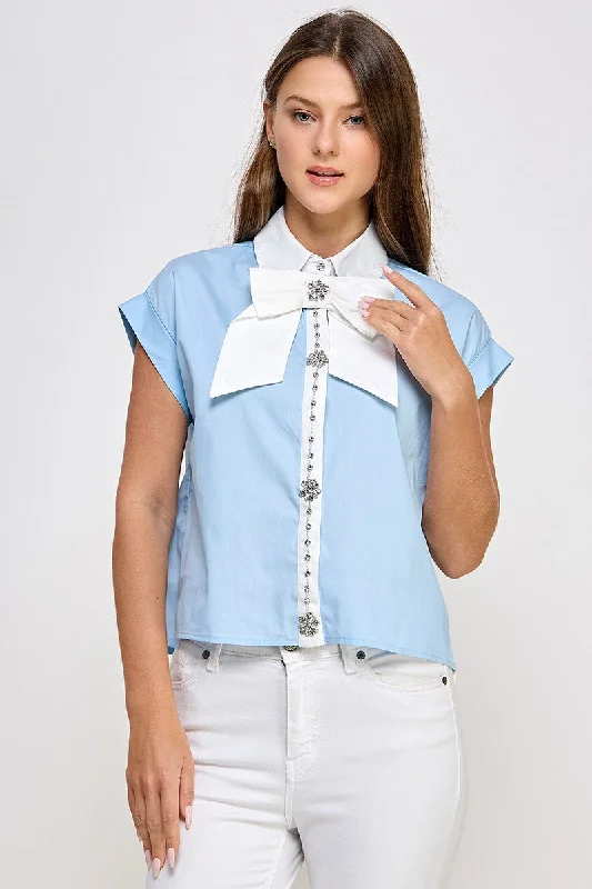 Oversized ShirtsBlue Big Ribbon N Rhinestone Detail Shirt