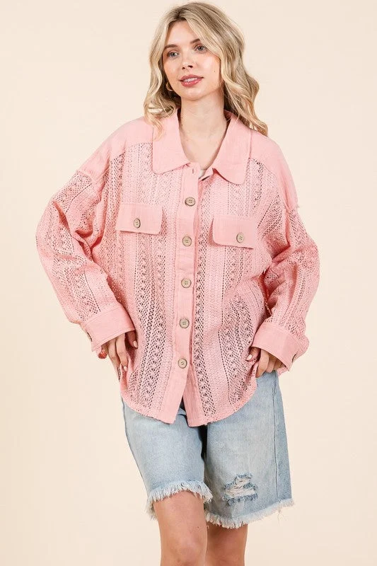 Rainproof ShirtsBlush Lace Long-Sleeve Button-Down Shirt