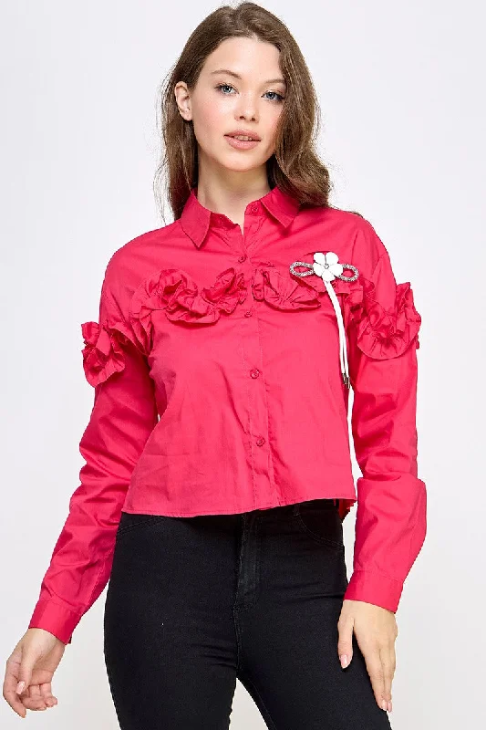 Longline ShirtsCherry Rhinestone N Flower Detail Shirt