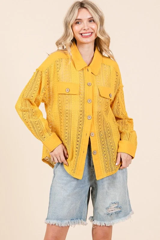 Cycling ShirtsDark Yellow Lace Long-Sleeve Button-Down Shirt