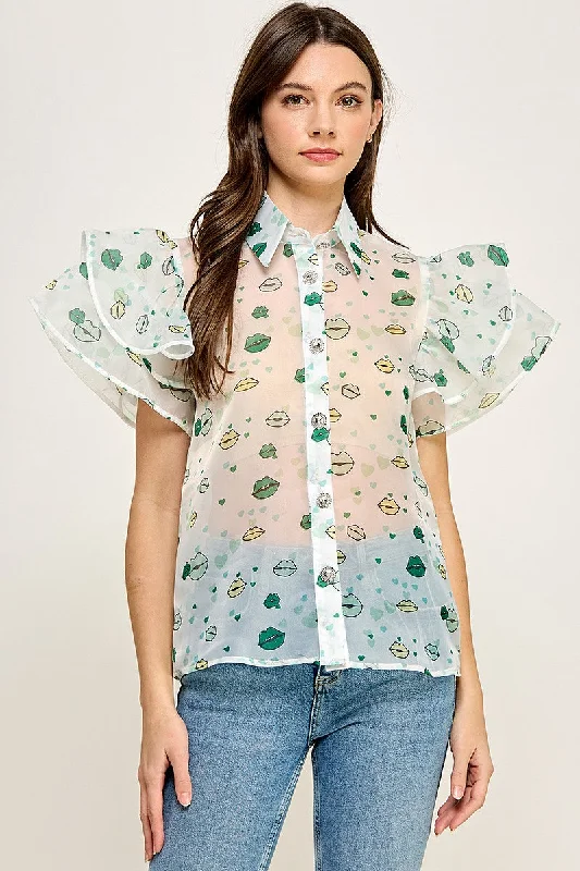 Zippered ShirtsGreen Graphic See Through Shirt