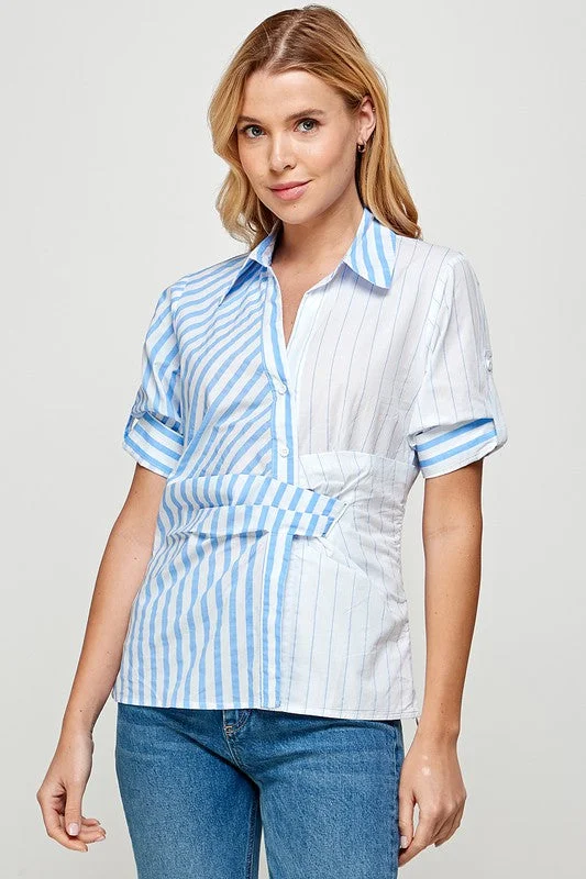 Painted ShirtsBlue Half Slv Color Block Button Down Stripe Shirt