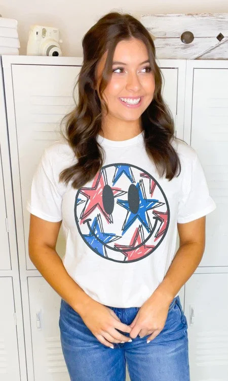 UV-Protection ShirtsWhite Patriotic Stars Smiley Graphic Shirt