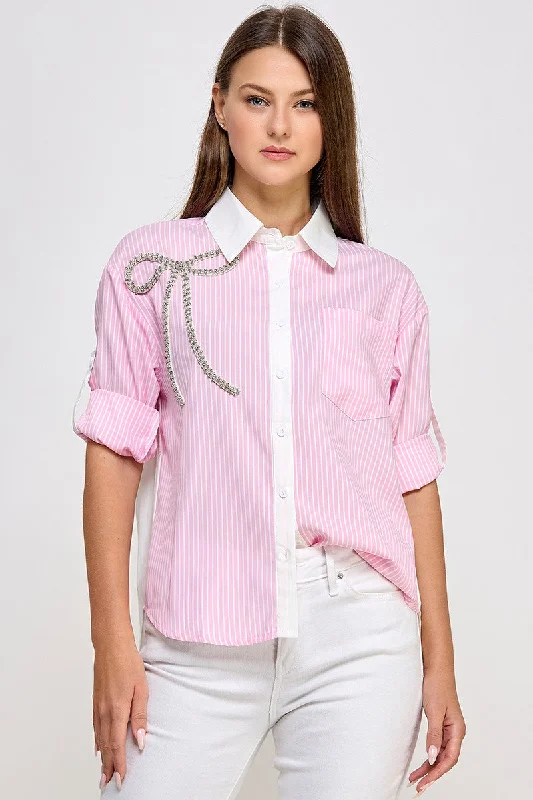 Leather-Paneled ShirtsPink Rhinestone Detail Stripe Shirt