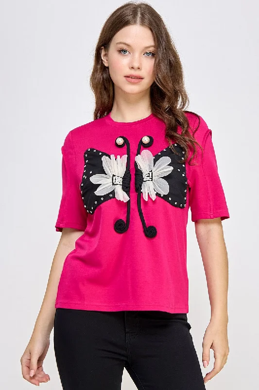 Cultural ShirtsFuchsia Rhinestone Detail Graphic Soft Fab T Shirt