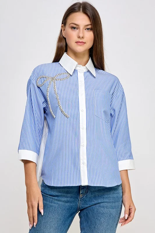 Layered ShirtsBlue Rhinestone Detail Stripe Shirt