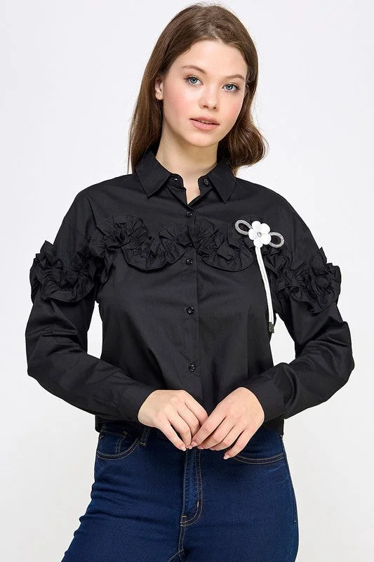 Peplum ShirtsBlack Rhinestone N Flower Detail Shirt