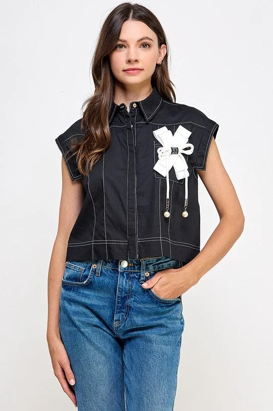 Button-Down ShirtsBlack Ribbon Detail Button Shirt