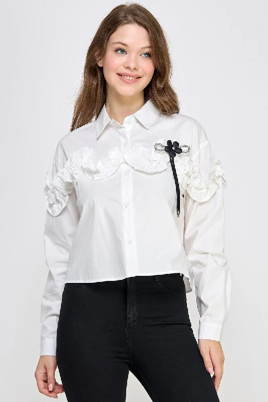 Dress ShirtsWhite Rhinestone N Flower Detail Shirt