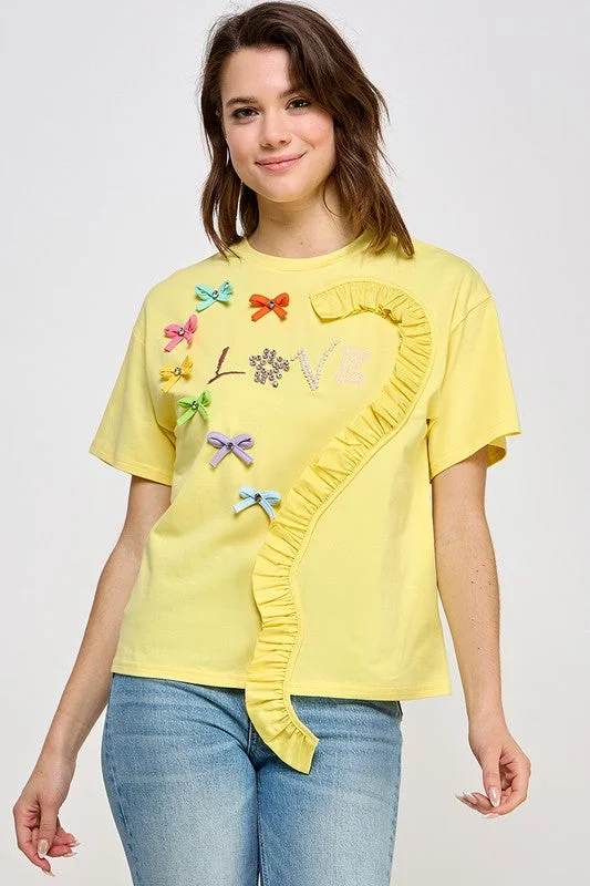 Asymmetrical ShirtsYellow Ruffle Graphic T Shirt