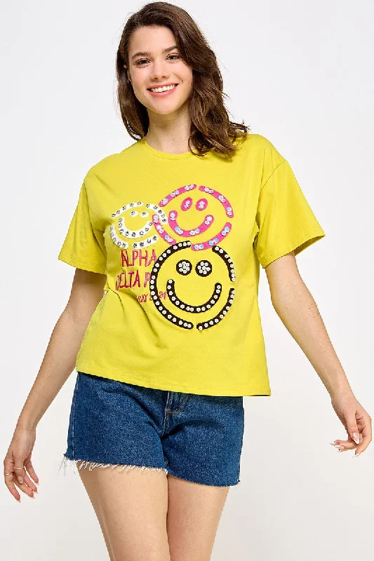 Beaded ShirtsYellow Rhinestone Detail Graphic T Shirt