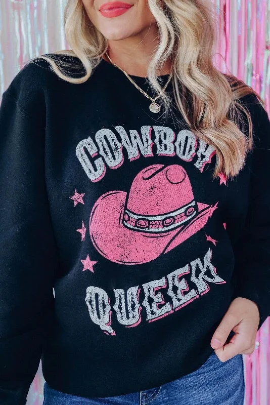 Sleep Hoodies"COWBOY QUEEN" Black Graphic Sweatshirt