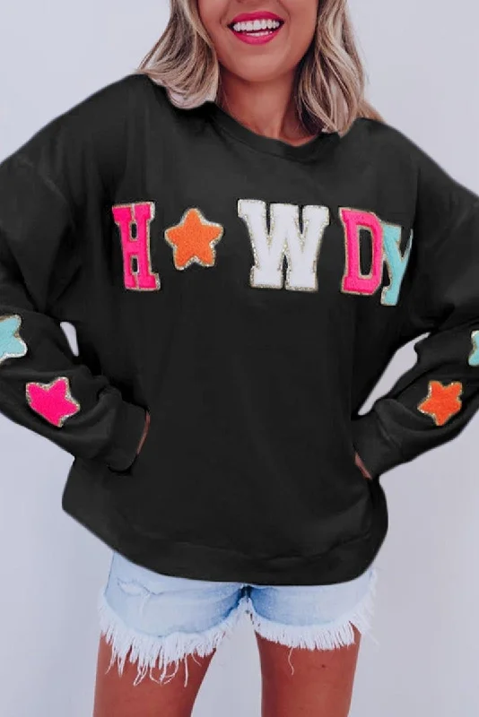 Cycling Hoodies"Howdy" Black Glitter Patch Graphic Sweatshirt