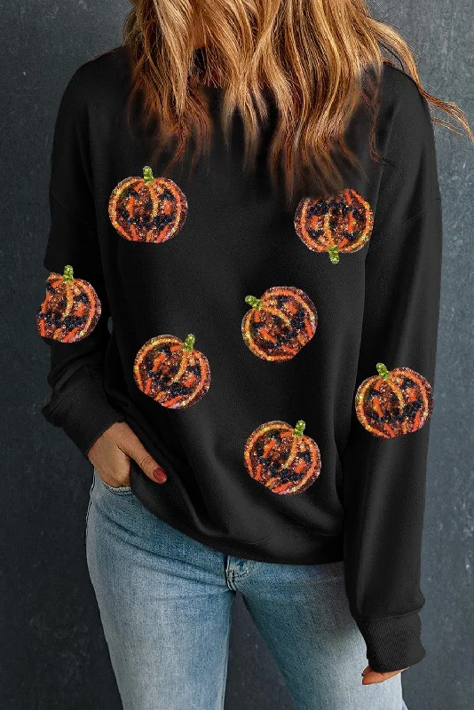 Gym HoodiesSequin Halloween Orange Pumpkins Sweatshirt