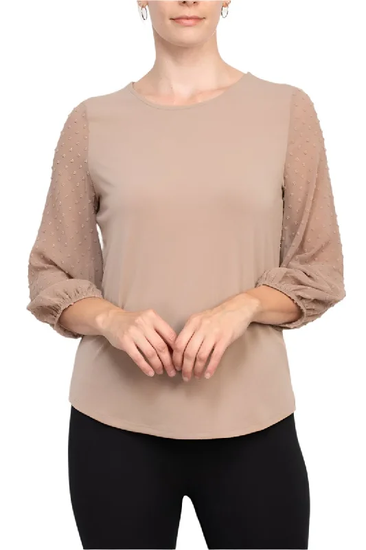 Adrianna Papell crew neck 3/4 sleeve clip dot chiffon sleeve solid moss crepe topCrewnecksoft