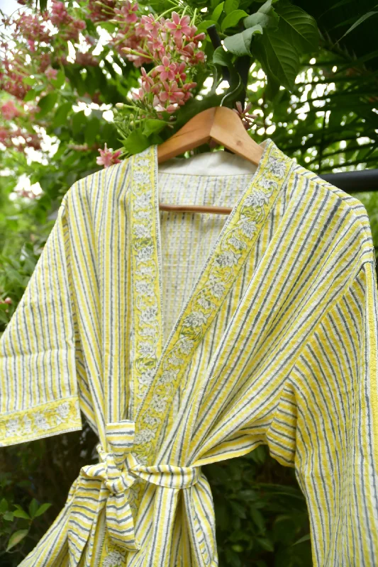 Lemon Yellow Stripe HandBlock Waffle Cotton Bathrobe | Luxurious Comfort