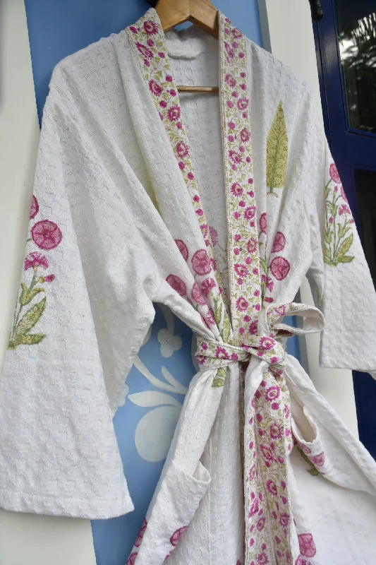 Pink floral and Green Cypress Leaf Premium HandBlock Bathrobe