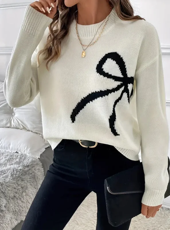 Samantha Bow Embroidered Crewneck Sweater:Ivory/BlackCrewneckdata