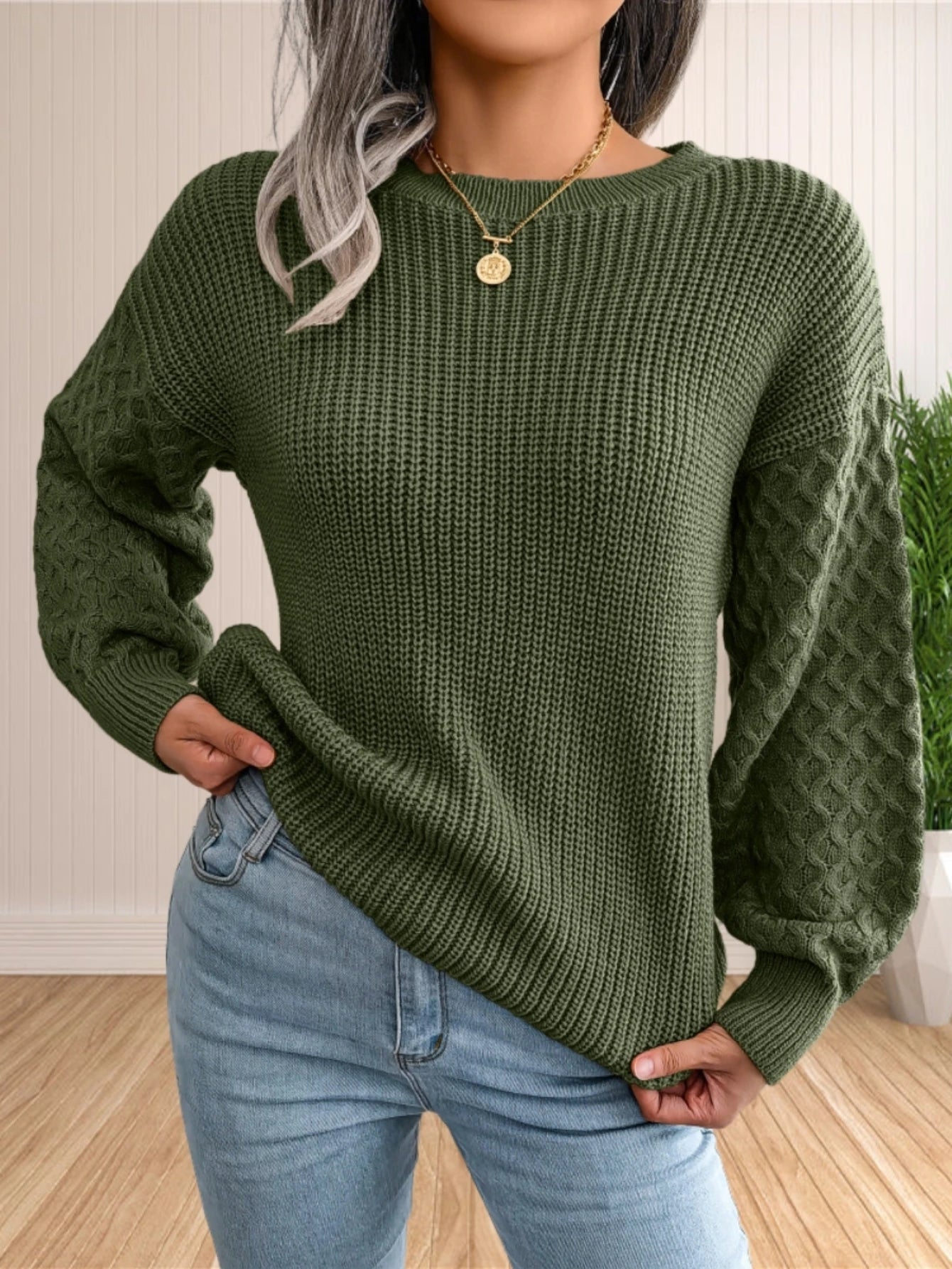 Chic Textured Crew Neck SweaterCrewneckhem