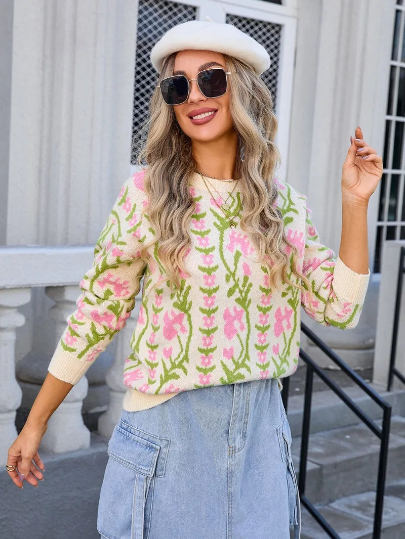 Floral & Geometric Patterned Crewneck Sweater for WomenCrewneckculture